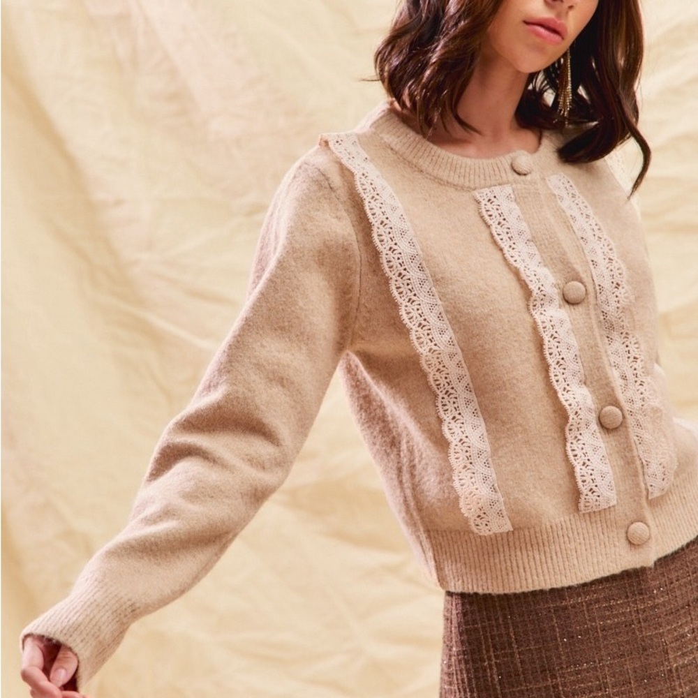 Front Lace Trim Button Cardigan Sweater
Beige Lace-Trimmed Sweater - Picture 8 of 12